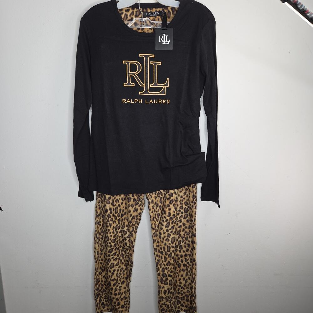 NWT Lauren Ralph Lauren Pajama Set M Leopard 2PC Top Fleece Pants RLL Logo